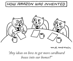 Cartoon of cats plotting more boxes by encouraging Amazon